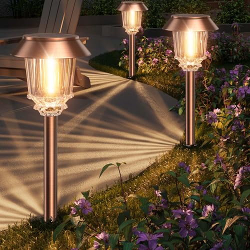 XMCOSY+ Solar Pathway Lights Outdoor - 6 Pack Solar Lights Outdoor Waterproof, 10-40 LM Dimmable Auto On/Off Solar Outdoors Lights Yard Garden Walkway Driveway (Warm White) - color: Copper, size: 6 Packs