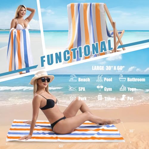 Beach Towel Set-4 Pack 30"x60" Sand Free Stripe Beach Towel for Pool,Bathroom,Soft Absorbent Quick Dry Lightweight Beach Bath Towel,Camping Blanket,Travel Towel,Beach Essentials for Adults,Orange/Blue - color: Orange/Blue