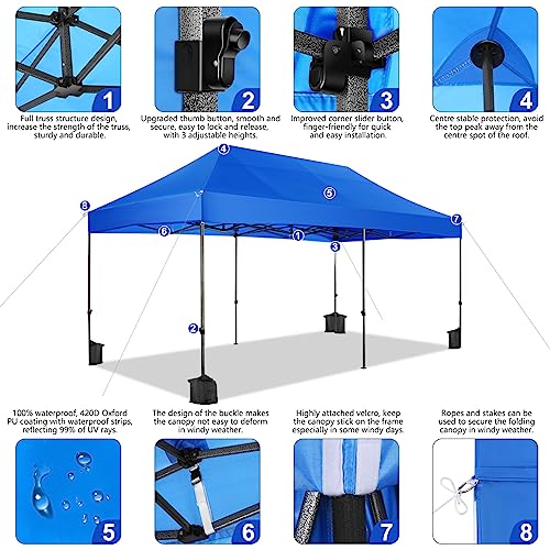 COBIZI 10x20 Heavy Duty Pop Up Canopy Tent with 6 Sidewalls Thicken Frame, Commercial Easy Up Outdoor Wedding Party Tents, All Season Waterproof Windproof with Stakes Sandbags Ropes Roller Bag, Blue - color: Blue, size: 10x20