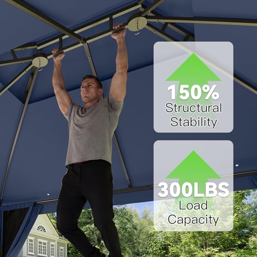 Aoxun Outdoor Gazebo for Patio 10x10 Metal Frame Canopy with Double Roofs Heavy Duty Party Tent and Shelter with Mosquito Netting and Privacy Screen for Backyard, Lawn, Garden, Deck (Navy Blue) - color: Navy Blue, size: 10 X 10