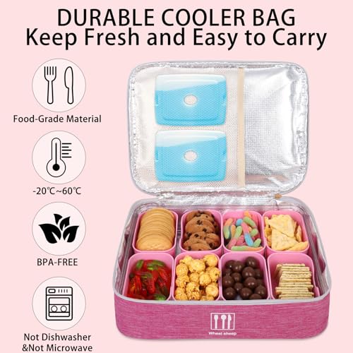 Snack Box Container with Insulated Cooler Bag, Divided Serving Tray with Lid and Handle Beach Essentials, Snackle Box Veggie Fruit Tray with 8 Compartments & 8 Forks & 2 Spoon Pink - size: Pink
