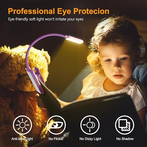Gritin 9 LED Rechargeable Book Light for Reading in Bed - Eye Caring 3 Color Temperatures,Stepless Dimming Brightness,80 Hrs Runtime Small Lightweight Clip On Book Reading Light-Dark Purple - color: Dark Purple
