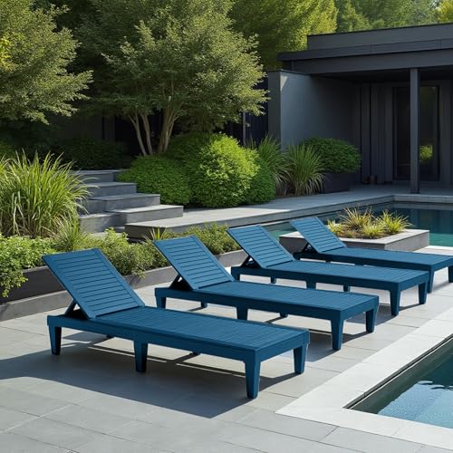 Nestl Sun Tanning Chair - Blue Chaise Lounge Chair Outdoor, Lightweight Pool Lounge Chairs Set of 4, Adjustable 5-Position Reclining Lawn Chair, Waterproof Beach Outdoor Lounge Chairs - color: 2 - Blue, size: Set of 4