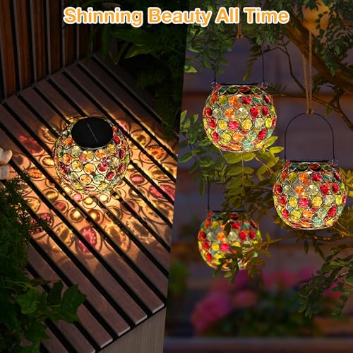 Uspring 2 Pack Crystal Mosaic Solar Lanterns Outdoor Waterproof Decorative Hanging Solar Lights for Outside, Gifts for Women Mom Grandma Garden Decor for Patio Backyard Porch Pathway Lawn Walkway, Red - style: Red - 2Pack