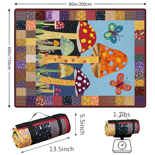 Mushroom Picnic Blankets Waterproof Foldable Picnic Outdoor Blanket 80"x 60" Picnic Mat 3-Layer Thicking Outdoor Foldable Blankets Sandproof Lightweight Beach Blankets with Strap Machine Washable - color: Mushroom05, size: 60*80in