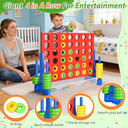 GADFISH Giant 4 in A Row - 2.6 FT Tall Outdoor 4 in A Row Perfect for Indoor & Outdoor Use, 4-to-Score Giant Game Set for Kids & Adults, with 42 Jumbo Rings & Quick-Release Slider (Red & Blue) - color: Red & Blue