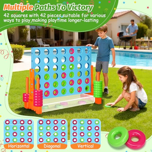 GADFISH Giant 4 in A Row - 2.6 FT Tall Outdoor 4 in A Row Perfect for Indoor & Outdoor Use, 4-to-Score Giant Game Set for Kids & Adults, with 42 Jumbo Rings & Quick-Release Slider (Blue & Orange) - color: Blue & Orange