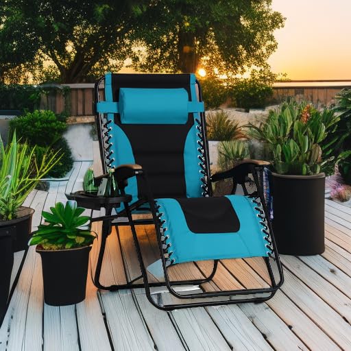 PHI VILLA XXL Oversized Padded Zero Gravity Chair, Foldable Patio Recliner, 30" Wide Seat Anti Gravity Lounger with Cup Holder, Support 400 LBS (Aqua) - color: Aqua, style: 1 Pcs
