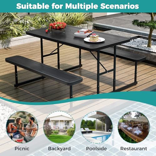 LDAILY Picnic Tables with Benches, Rectangular Dining Table Set for Outside 4 People, HDPE Tabletop, Metal Frame, Umbrella Hole, Heavy Duty Picnic Table for Outdoors, Patio, Lawn, Commercial (Black) - color: Black