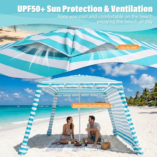 Umineux Beach Cabana - 6FT Beach Canopy with Side Wall, Easy Setup Beach Tent Sun Shelter, Waterproof Tent - Portable Shade for Whole Family (Green Stripes) - color: Green Stripes, size: 6ft