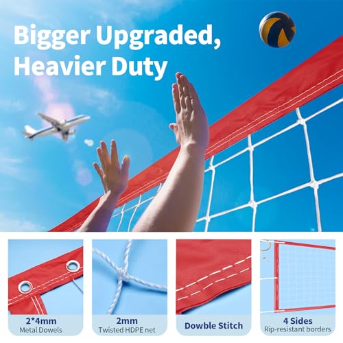 Professional Volleyball Net Outdoor Heavy Duty, All Weather Enhanced, Extended Stainless Steel Cable, Extra Thick Borders, for Backyard Beach Pool Indoor Outdoor- Regulation 32x3FT (Net Only) - color: Red
