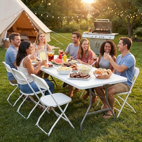 DUMOS 8 Feet Folding Picnic Table, Plastic Table with Carrying Handle, Heavy Duty Portable Table for Camping Party, White - color: White, size: 8 FT