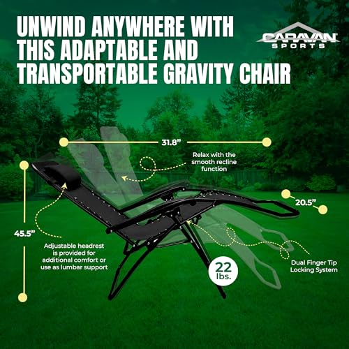 Caravan Sports Zero Gravity Outdoor Portable Folding Camping Lawn Deck Patio Pool Recliner Lounge Chair for Adults, Adjustable Headrest, Black - color: Black