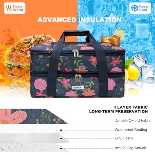 Double Decker Insulated Casserole Carrier, Expandable Thermal Food Warmer Bag Fits 9x13 Dish, Leak-Proof Potluck Lasagna Holder with Utensil Pocket for Picnic Party Cookout (Blue Floral) - color: Blue Floral