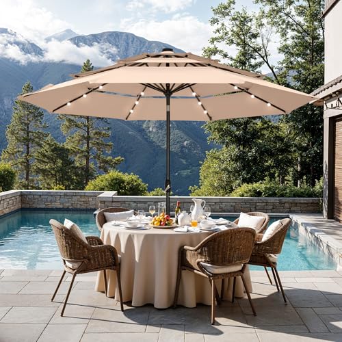 Sophia & William 10ft Patio Umbrellas 3-Tier Umbrella Outdoor Patio Umbrellas with Lights Vented Top 24 LED lights Adjustable Tilt for Pool Garden Backyard, Beige - color: Beige