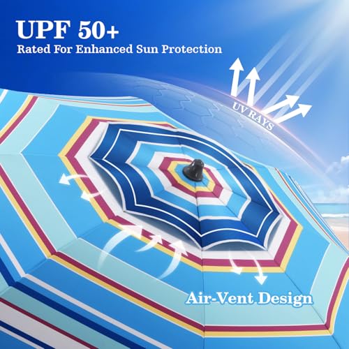 UIRWAY Beach Umbrella, Heavy Duty Windproof Beach Umbrellas with Sand Anchor & Tilt, Sun Protection Portable Beach Umbrella with Carrying Bag for Beach, Patio Garden Pool Outdoor - color: Coastal Stripe, size: 7.5FT