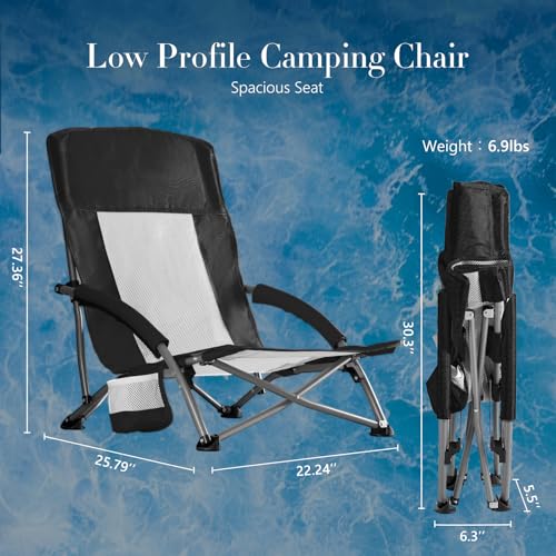 DUMOS Low Camping Beach Chair, Lightweight Folding Portable Beach Chair with Cup Holder, Storage Pocket, Breeze Mesh Back, Padded Armrests, Low Profile Chair for Camp, Picnic, Lawn, Sand, Black - color: Black, size: 25.79*22.24*27.36inch