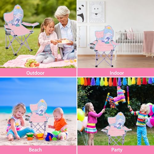 KABOER Kids Outdoor Folding Lawn and Camping Chair with Cup Holder and Carrying Bag, Children's Camping Chairs - color: Pink Mermaid