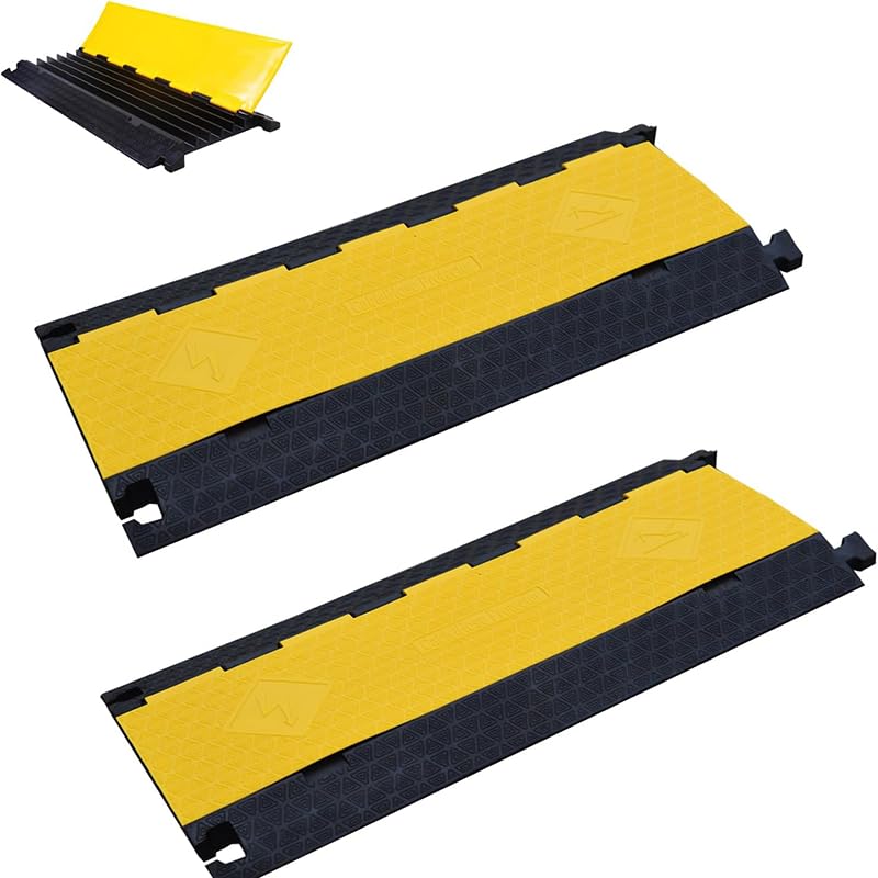 2Pack 39600lbs Load Capacity Cable Ramps Cable Protector Ramp Heavy Duty Rubber Hose Protector Ramp Speed Bump Outdoor (5 Channels, Yellow & Black - size: 5 Channels-2PC
