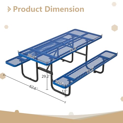 72 Inch Commercial Outdoor Picnic Table, Heavy Duty Rectangle Steel Patio Furniture Set with Bench Seats & Umbrella Hole, Weather Resistant Mesh Metal Dining Table for Backyard, Lawn, BBQ, Garden,Blue - color: Blue
