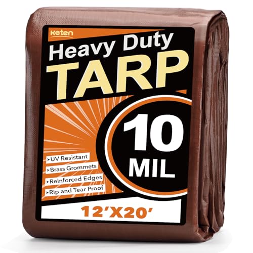 Keten Tarps Heavy Duty Waterproof 12X20Ft, 10 Mil Thick Multipurpose Poly Tarp Tear & Fade Resistant, UV Blocking, Outdoor Tarp with Reinforced Grommets for Roof, Camping, Patio, Pool (Brown/Silver) - color: 10mil Brown/Silver, size: 12x20ft