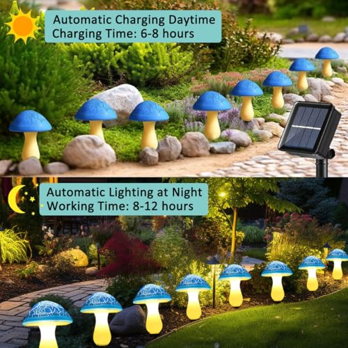 Solar Mushroom Lights Garden Decor 8 Blue Crack Mushrooms Outdoor Decor Stake Lights, Waterproof Solar Pathway Light Gardening Gifts for Landscape Easter Gnomes Yard Halloween Christmas Decorations - color: Blue
