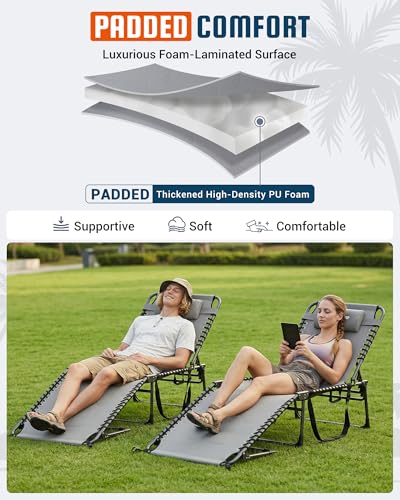 KingCamp Oversized Tanning Chair, Extra-Wide Padded Folding Chase Lounge Chairs Portable Adjustable 5-Position 440lbs Heavy Duty Lounger with Double-Layer Oxford for Outdoor Beach Patio Sun Pool Grey - color: Pro-grey-1 Pack