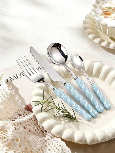 Stainless Steel Flatware Set, 4-Piece Heavy Duty Cutlery Set with Dinner Knife, Fork & Spoons, Tableware Gift for Daily Use Wedding Housewarming Baby Shower Valentine's Day Present (Blue) - color: Blue