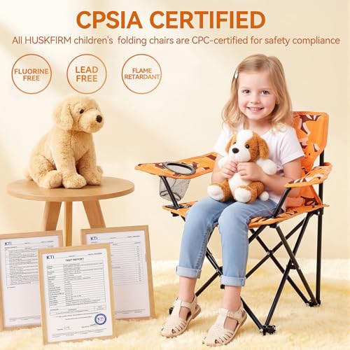 Huskfirm Padded Kids Camping Chair Folding Toddler Chair with Cup Holder & Safety Lock Portable Kids Beach Chair Ages 3-6 for Outdoor Camping Foldable Kids Chair Support 120lbs,Orange Dog - color: Orange Dog