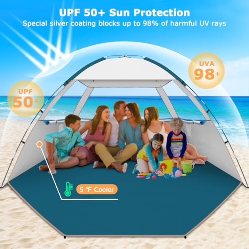 COMMOUDS Beach Tent Sun Shade for 3/4/6/8 Person, UPF 50+ Beach Sun Shelter Canopy Tent, Lightweight, Easy Set Up and Carry - color: Silver, size: 6 Person