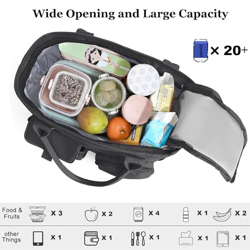 Hafmall Large Insulated Lunch Bag for Women Men, Leakproof Lunch Box for Adults, Wide Opening Lunch Tote Bag with Shoulder Strap, Reusable Lunch Cooler Bag for Work, Picnic, Black - color: Black