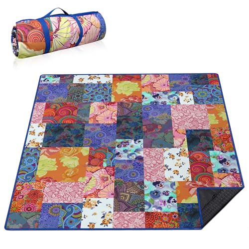 Supfitness Extra Large Picnic Blankets Waterproof Foldable (80 "x 80") Beach Blanket Waterproof Sandproof,3-Layer Thicking Mat Outdoor Packable Camping Blanket - color: Flower-4, size: 6'8" x 6'8" (Square)