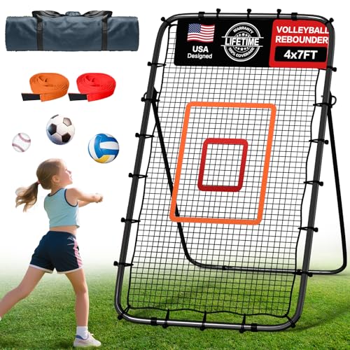 Volleyball Rebounder Net 7x4 Ft, 5-Angle Adjustable Rebounder Net for Practicing Digging, Setting, Spiking, Bounce Back Training Equipment with 2 Target Stripes & Portable Travel Bag for Storage - color: NET101-Black