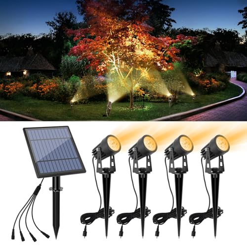 APONUO Metal Solar Spot Lights Outdoor with 9.8ft Cable Solar Powered Landscape Lighting Low Voltage IP65 Waterproof Auto On/Off for Outside Garden Yard Landscape Pathway Garage-Warm White(4-in-1) - color: Warm White, size: 4-IN-1