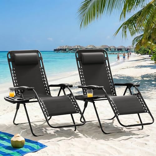 Homall Zero Gravity Chair Patio Folding Lawn Outdoor Lounge Gravity Camp Reclining Lounge Chair with Cup Holder Pillows for Poolside Backyard and Beach Set of 4 (Black) - color: Black, size: 4 PCS