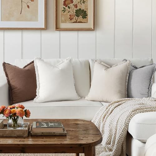 MIULEE Decorative Couch Pillow Covers Neutral Linen Fringe Throw Pillows Set of 4 Modern Cushions Boho Farmhouse Pillowcases for Bed Sofa Living Room Spring Home Decor 18x18 Inch Beige/Brown/Grey - color: Neutral, size: 18" x 18" (Pack of 4)