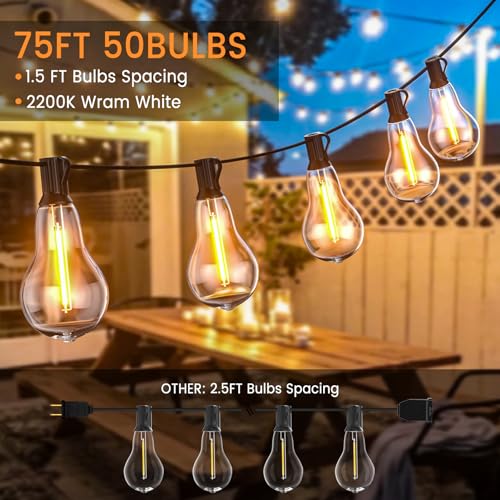 String Lights for Outside,75FT Patio Lights with 50+3 Bulbs(1.5FT Bulbs Spacing), outdoor string lights, Remote & Dimmer, 3 Mode Light & Timing, 50PC Mounting Ties for Outside, 2200K(Black) - color: Black, size: Remote Control Model -75ft-50t