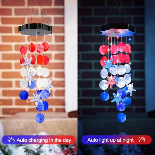 Solar Shell Gift for Mom Grandma Girls, Christmas Red White Blue Solar Wind Chimes for Outside, Christmas Decorative Mobile Lights for Garden, Yard, Patio, Window, Party, Outdoor Decorations - color: Red White Blue