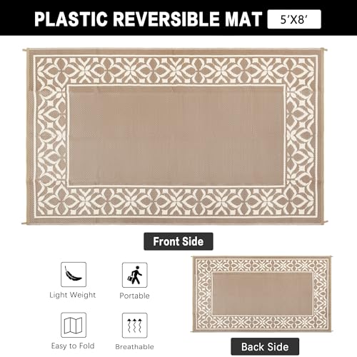 PureCozy Outdoor Plastic Straw Rug Beige Brown Large Outside Waterproof Outdoor Patio 5x8 Carpet Geometric Reversible Mat Modern for Camping RV Porch Deck Balcony Beach - color: Geo | Beige Brown, size: 5' x 8' (Rectangular)
