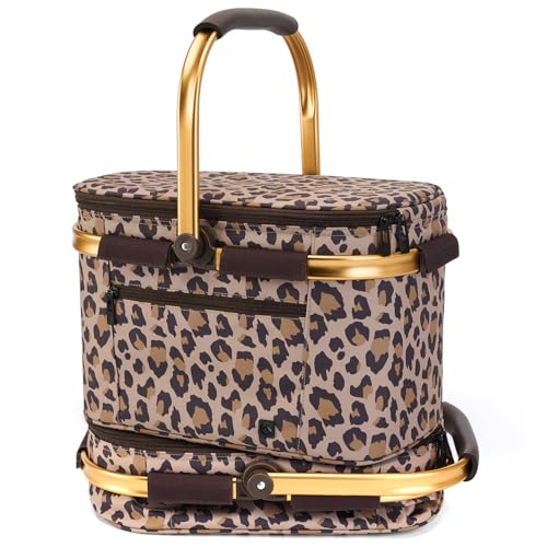 ALLCAMP Picnic Basket - Insulated Cooler, Thickening Foldable Picnic Basket with Removable Baskets & Sewn-in Frame, Basket for House Warming Gifts New Home(Leopard Print) - color: Leopard Print, size: Medium