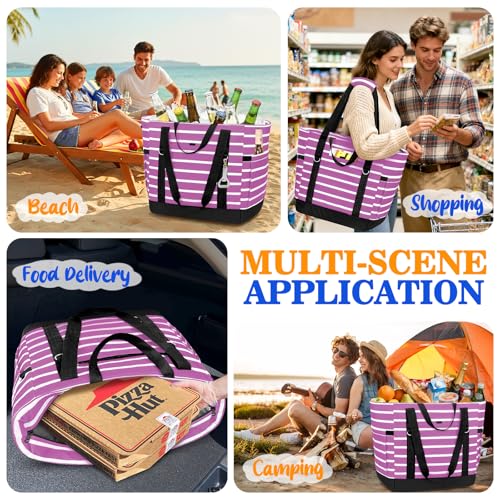 HUANLANG Soft Cooler Bag Insulated for Travel,Large Insulated Grocery Bags with Zippered Top,PEVA Collapsible Food Delivery Cooler Bag for Beach, Travel, Picnics - color: Purple and white stripes
