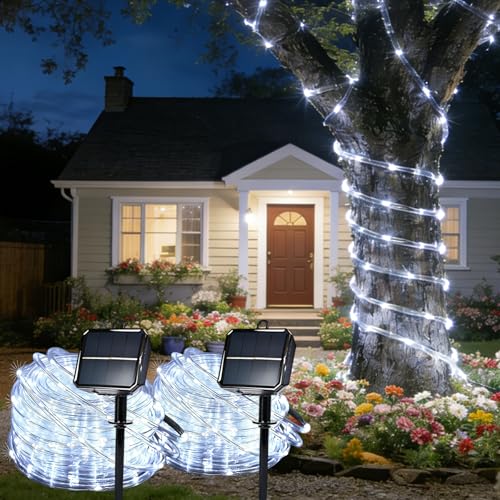 Solar Rope Lights for Outside, 2 Packs Total 66ft 200 LED Solar String Lights with 8 Modes, Waterproof Solar Outdoor Light for Patio Garden Party Tree Porch Pool Holiday Xmas Decor-White - color: White, size: 2x33ft