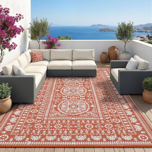Garvee Reversible Outdoor Rug 6x9 for Patio, Waterproof Outdoor Area Rug, Modern Medallion Indoor Outdoor Rugs, Plastic Straw Rug for RV, Camping, Deck, Vintage Terracotta - color: Terracotta & White, size: 6' x 9' (Rectangular)