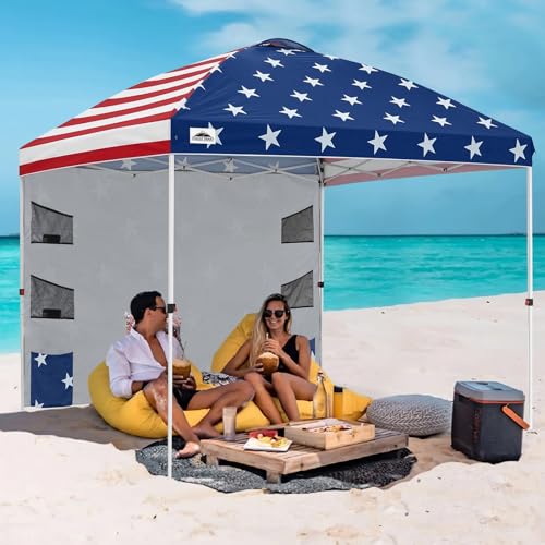 EAGLE PEAK Commercial Canopy 10x10 with Sidewall Storage, Easy OnePerson Setup Pop Up Canopy Tent with Roller Bag, Stakes, Ropes, and Weight Bags, American Flag - color: American Flag