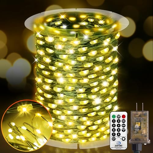 KNONEW 203FT Outdoor Christmas Fairy Lights Plug in,600 LED String Lights Outdoor Waterproof 8 Modes Memory Times for Wedding Bedroom Walls Garden Trees Decoration(Warm White) - color: Warm White, size: 203FT 600 LED Green Wire