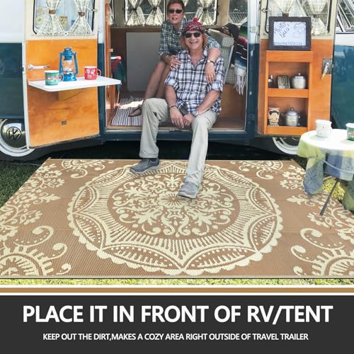 Capslpad 5x8 Outdoor Rug Waterproof Beige Boho Floral Patio Carpet Portable Plastic Straw Rug Foldable Outside Carpet with Carry Bag for RV Backyard Balcony Bench Picnic Porch - color: Light Beige, size: 5' x 8' (Rectangular)