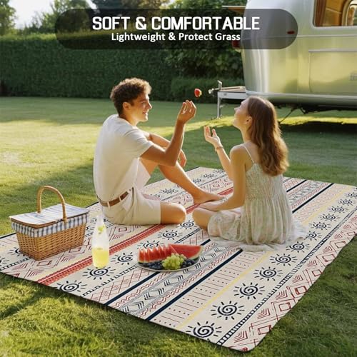 Outdoor Rug 5x8ft, Boho Stripe Retro Ethnic Style Indoor Area Rug for Patio Floor Mat, Indian Sketch Sun Art Abstract Line Non-Slip Outside Carpet Balcony Porch Camping Rugs Picnic Mat - size: 5' x 8' (Rectangular)