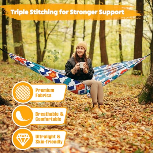 NATUREFUN Ultra-Light Travel Camping Hammock | 300kg Load Capacity,Breathable,Quick-Drying | 2 x Premium Carabiners,2 x Nylon Slings Included | Outdoor Indoor Garden - color: Colorful Geometry, size: 275x140cm