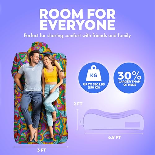 Chillbo Inflatable Couch – Unique Designs - No-Pump Setup, Ripstop Polyester, Stability Pegs, Fun Prints - Portable Air Inflatable Lounger for Beach, Camping, Festivals, and Tailgating - color: 60s Psychedelic, size: X-Large