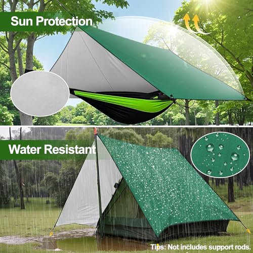 Rhino Valley Waterproof Tent Tarp, 9.8 × 9.8 Ft Large Outdoor Shelter Cover with Light Strings, Lightweight Portable Tarp Shelter Rain Tarp Camping Canopy for Hiking Traveling Backpacking - color: Dark Green